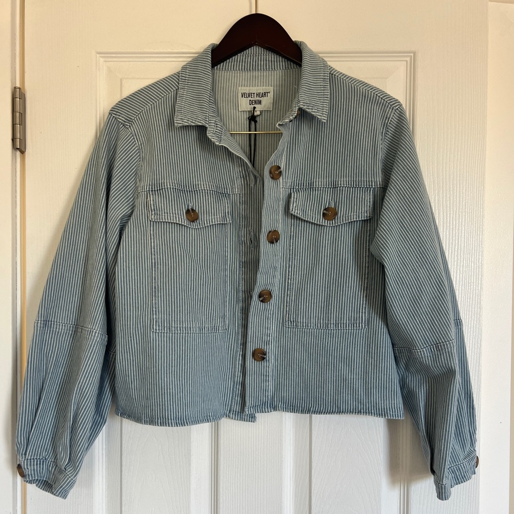 Velvet Heart Blue and White Striped Denim Utility Jacket